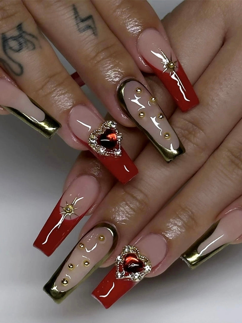 Red Heart Diamond 3D Long Press On Nails 1253802
