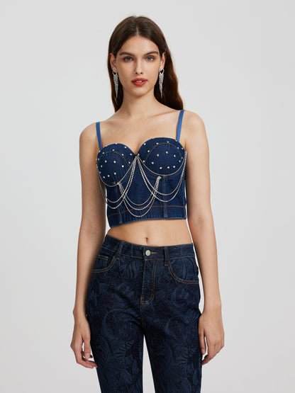 Embellished Denim Crop Top 116438