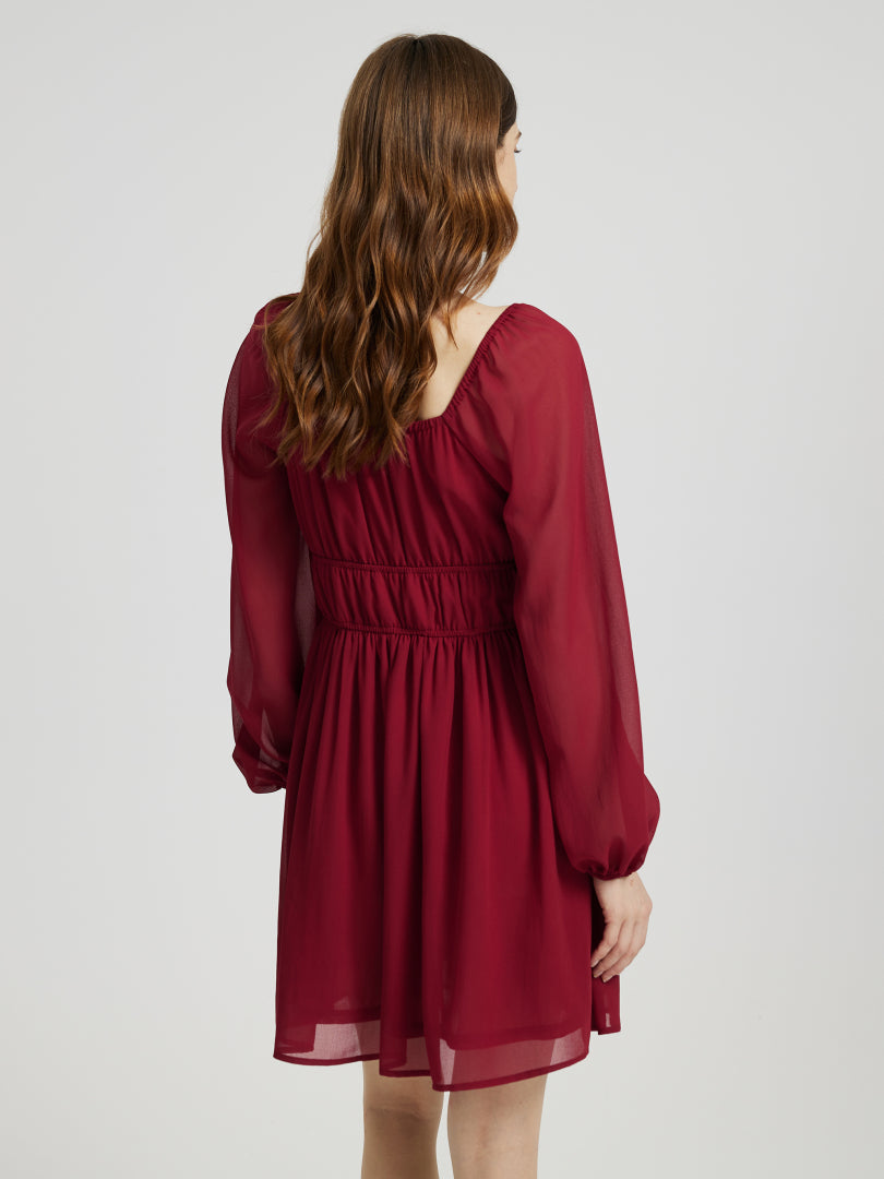Short Gathered Chiffon Dress With Long Sleeves 108933