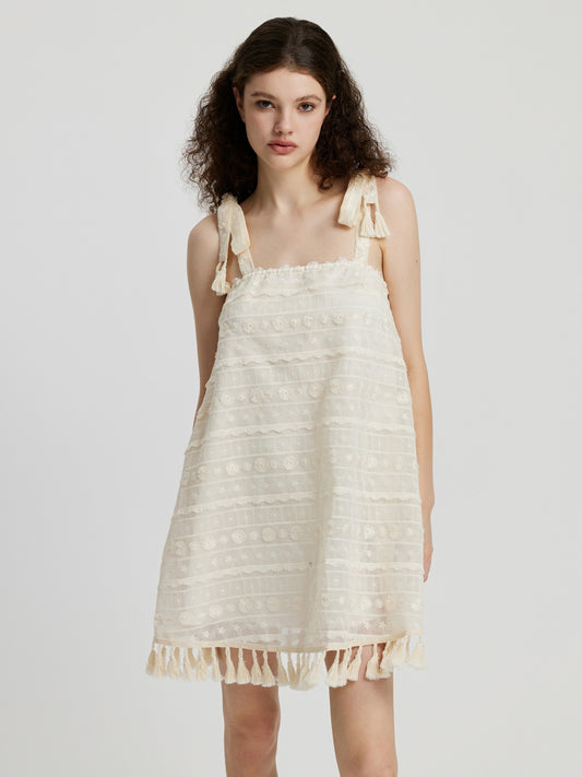 Embroidered Cami Dress With Tassels 110766