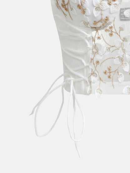 Embroidered Lace-Up Crop Top 121188