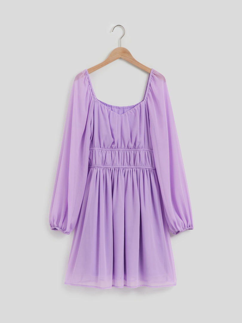 Short Gathered Chiffon Dress With Long Sleeves 108933