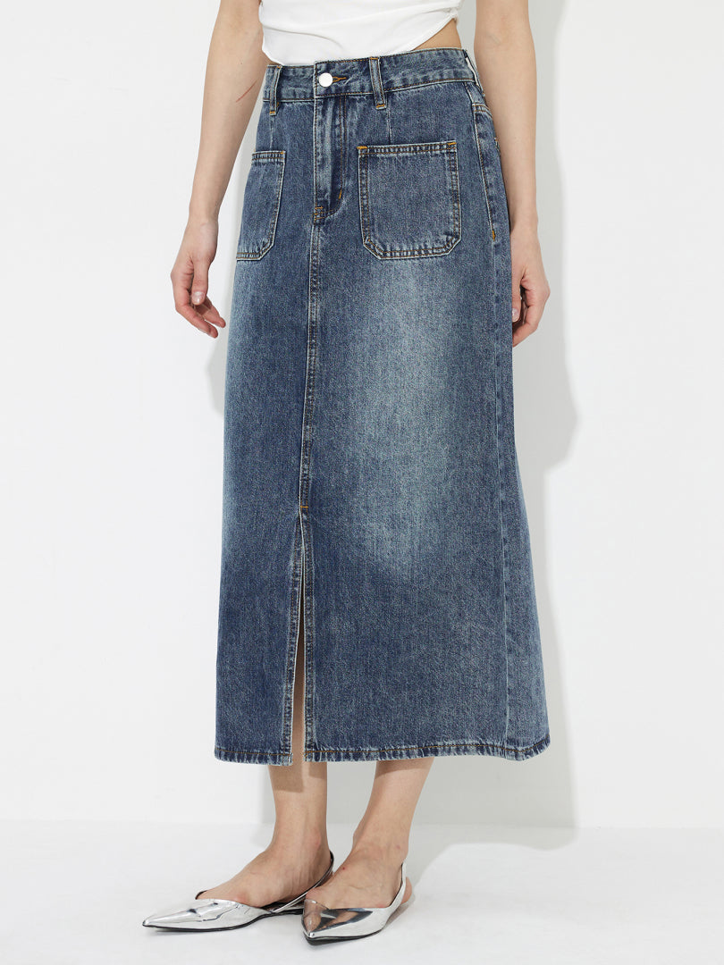 Slit Denim A-Line Skirt 1234472