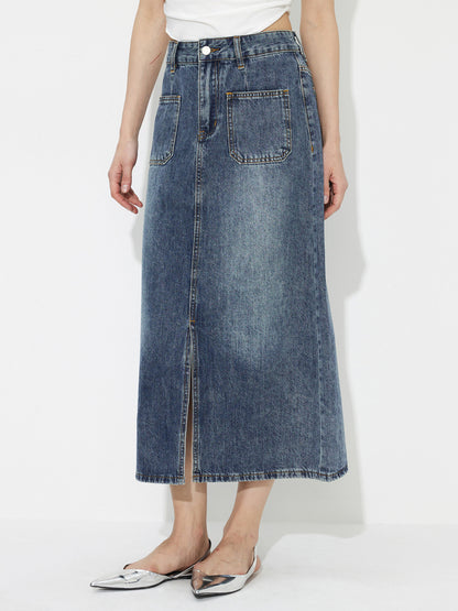 Slit Denim A-Line Skirt 1234472