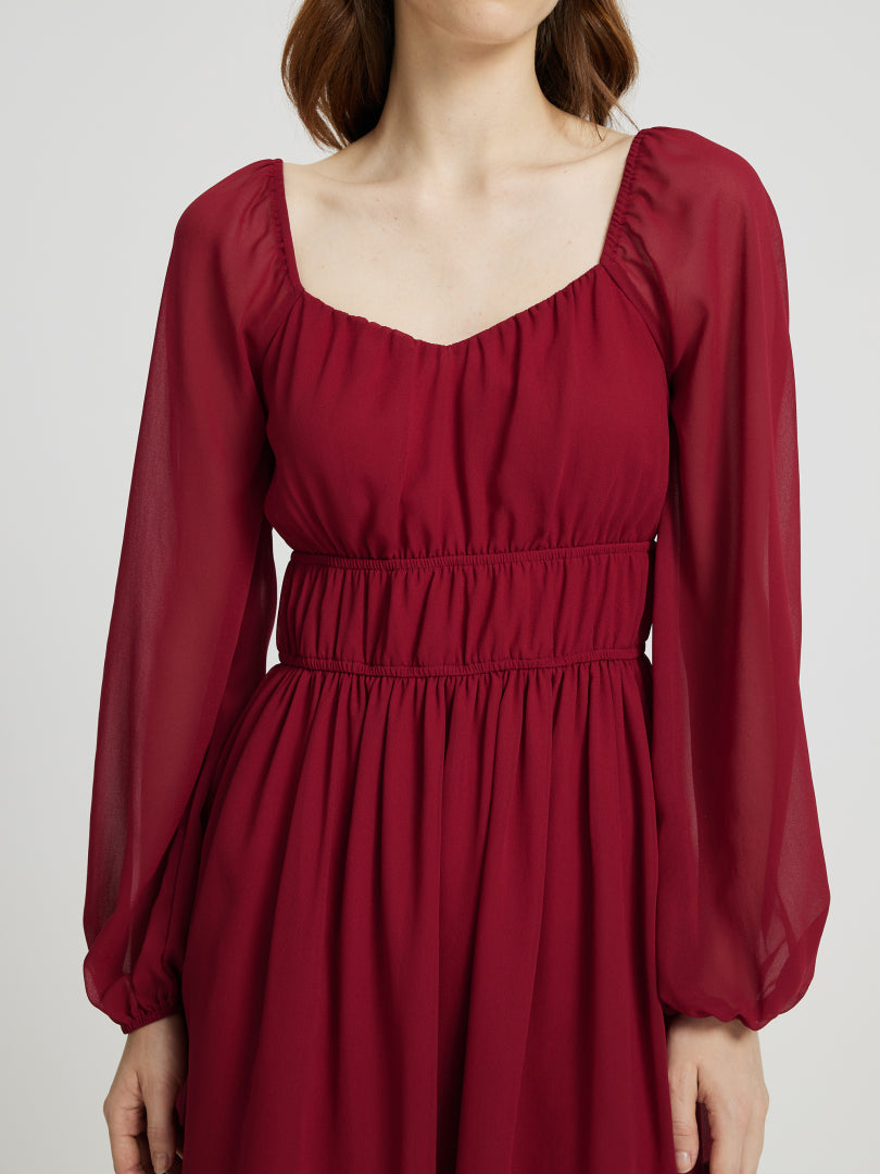 Short Gathered Chiffon Dress With Long Sleeves 108933