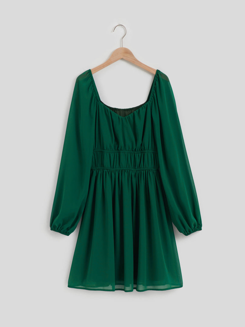 Short Gathered Chiffon Dress With Long Sleeves 108933