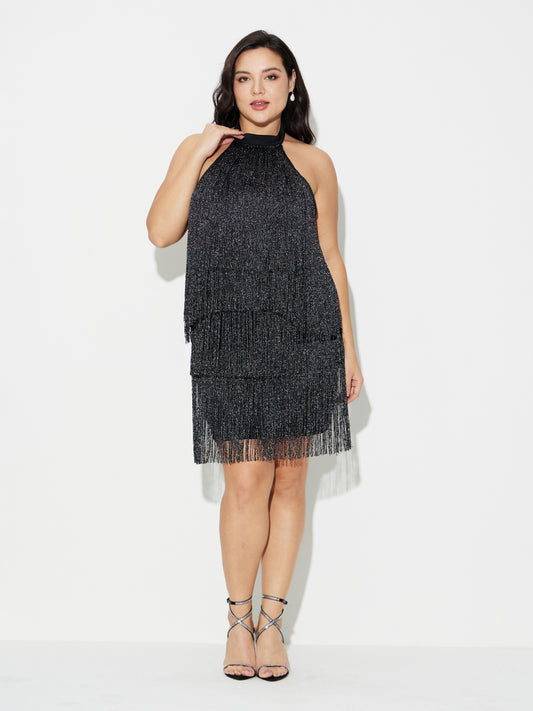 Plus Size Halter Neck Fringed Dress 120573
