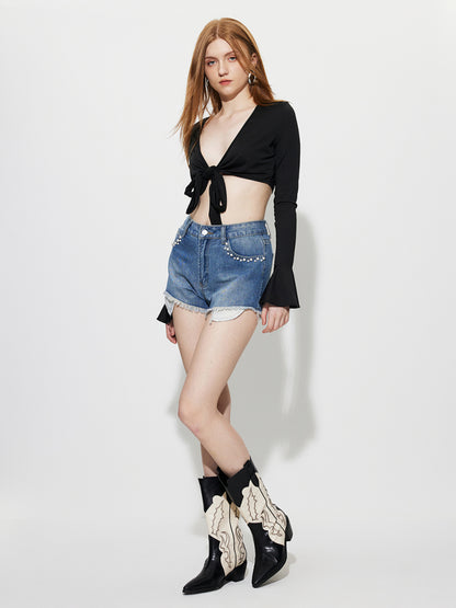 Beaded Denim Wide leg Shorts 1272522