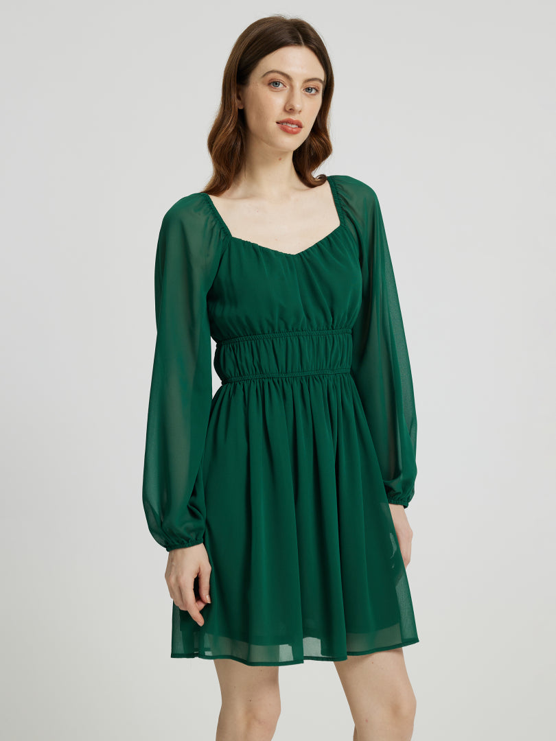 Short Gathered Chiffon Dress With Long Sleeves 108933