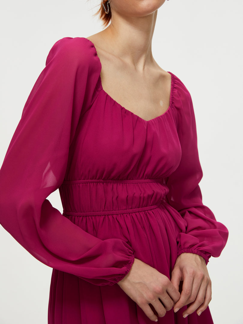 Short Gathered Chiffon Dress With Long Sleeves 108933