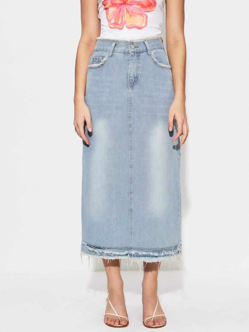 Raw Hem Denim Straight Skirt 1297612