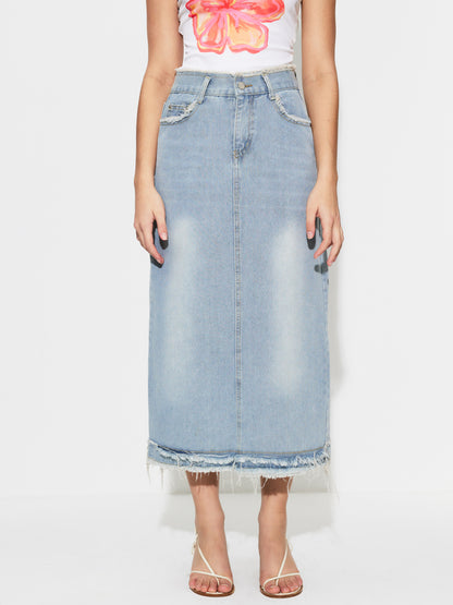 Raw Hem Denim Straight Skirt 1297612