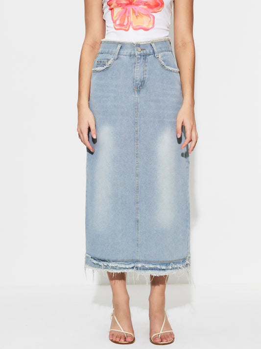 Raw Hem Denim Straight Skirt 1297612