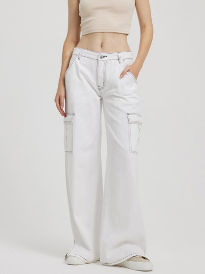 Low-waist Contrast Stitch Wide Leg Jeans 110111