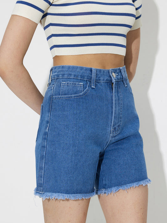 Raw Hem Denim Straight Leg Shorts 118860