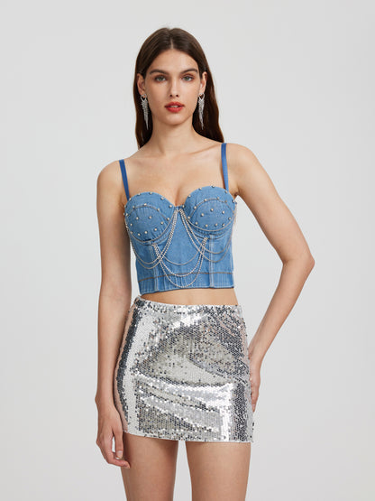 Embellished Denim Crop Top 116438