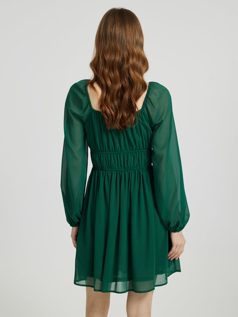 Short Gathered Chiffon Dress With Long Sleeves 108933