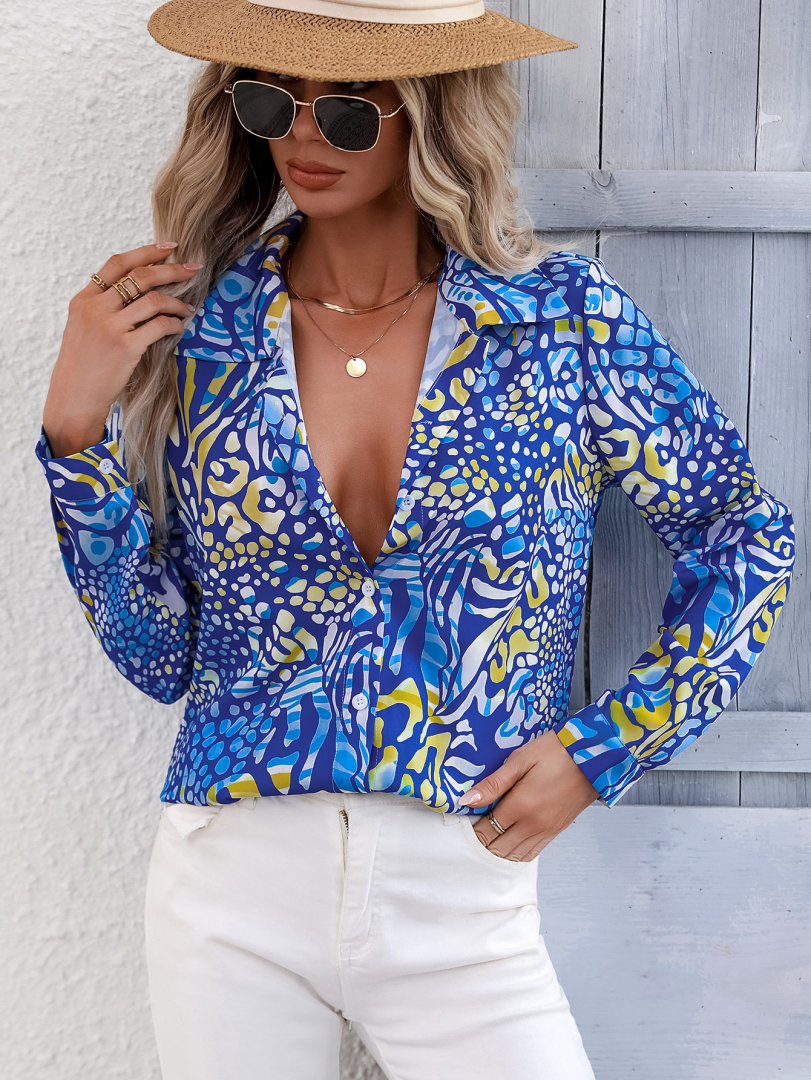 Color Block Half Placket Blouse 1300892