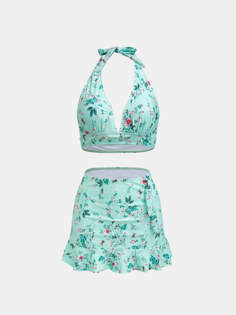 Printed Halter Net Bikini Set 1230421