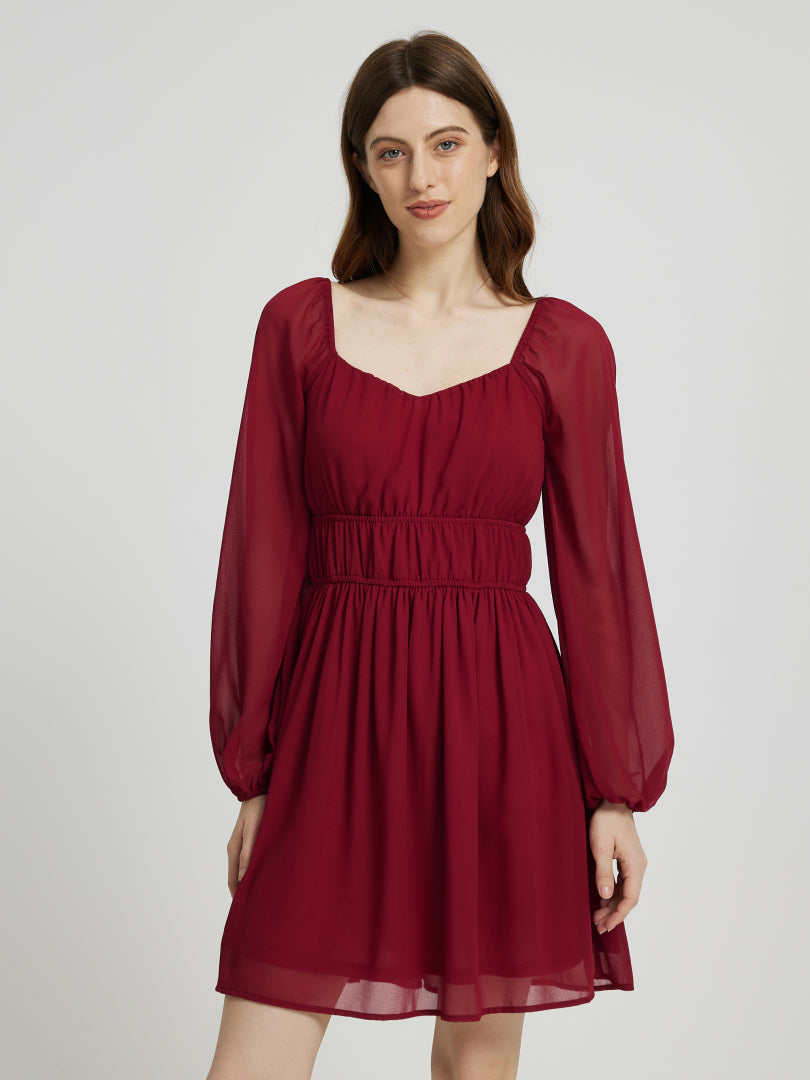 Short Gathered Chiffon Dress With Long Sleeves 108933