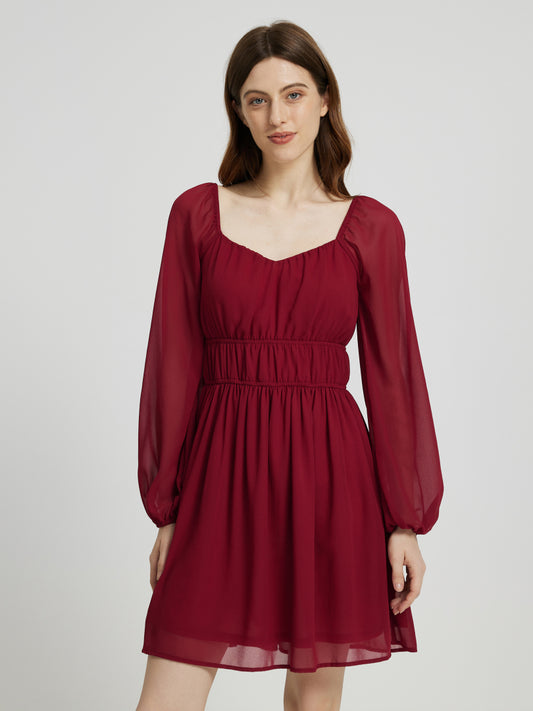 Short Gathered Chiffon Dress With Long Sleeves 108933