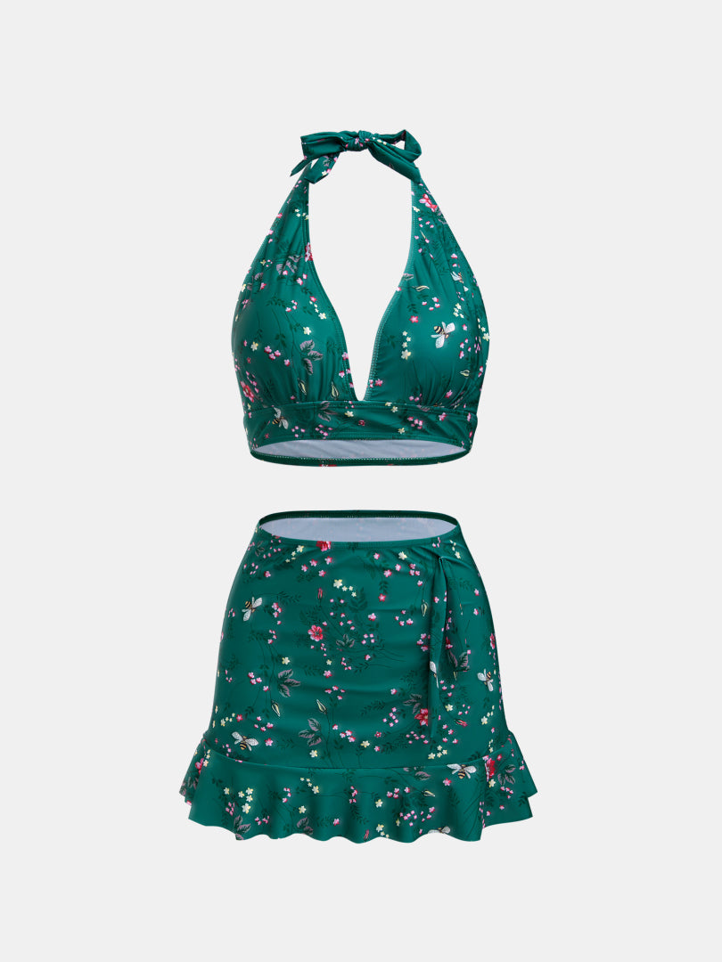 Printed Halter Net Bikini Set 1230421