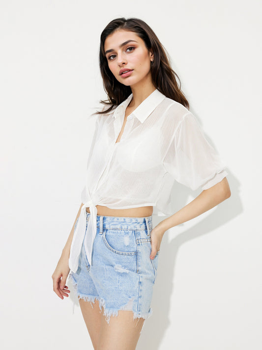 Sheer Tie-Up Hem Crop Shirt 1230391