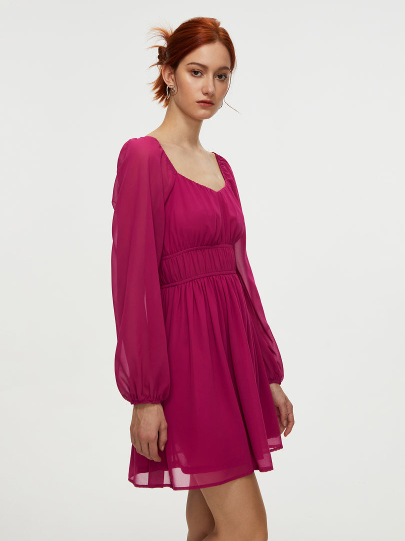 Short Gathered Chiffon Dress With Long Sleeves 108933