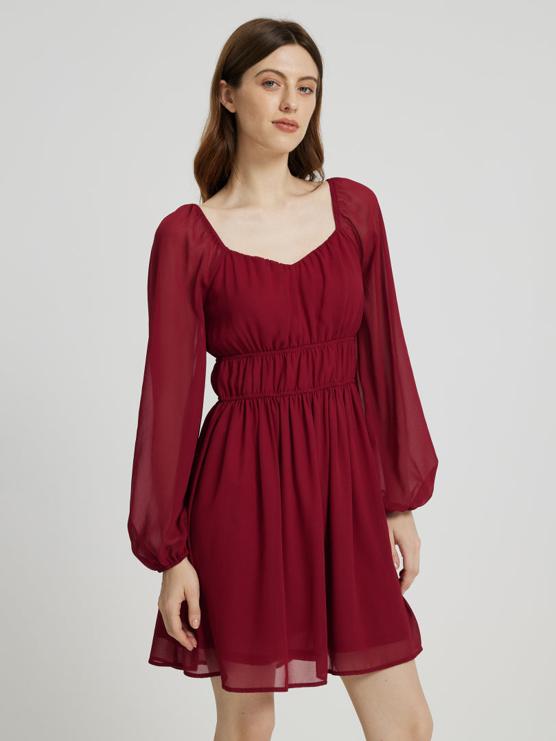 Short Gathered Chiffon Dress With Long Sleeves 108933