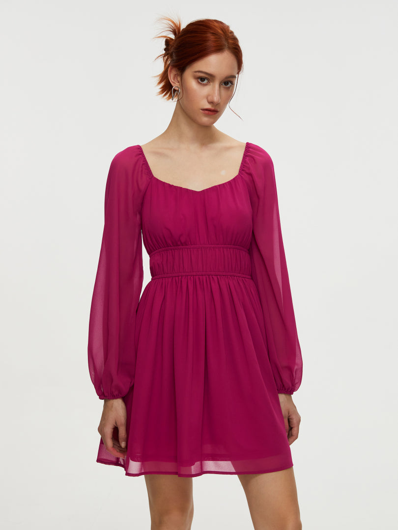Short Gathered Chiffon Dress With Long Sleeves 108933
