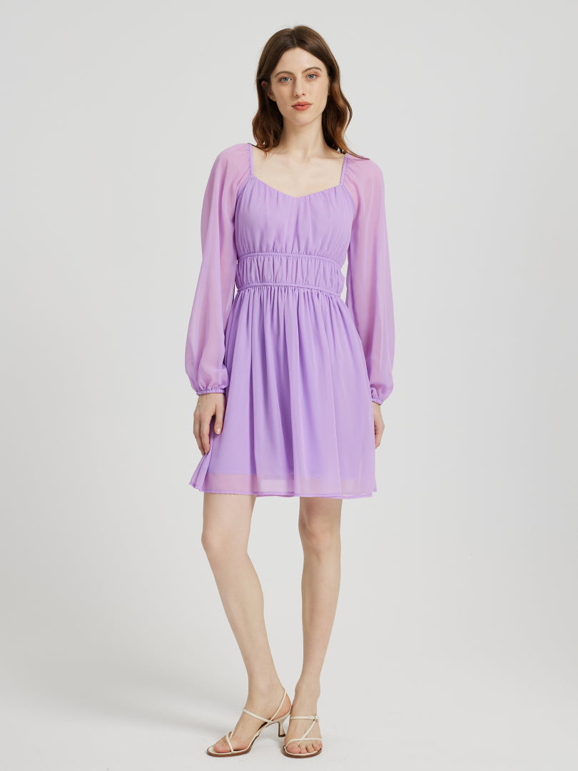 Short Gathered Chiffon Dress With Long Sleeves 108933