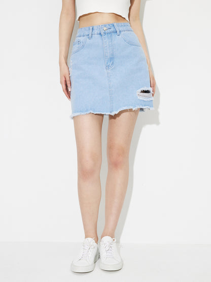 Ripped Denim A-Line Skirt 120019