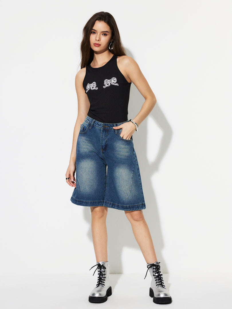 Patchwork Denim Wide leg Shorts 1294092