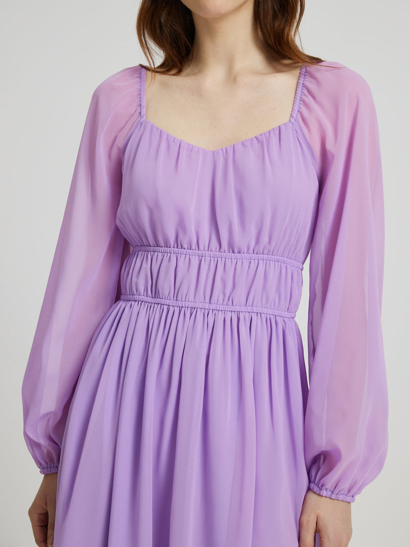 Short Gathered Chiffon Dress With Long Sleeves 108933