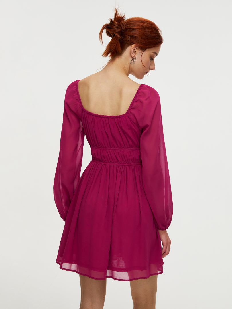 Short Gathered Chiffon Dress With Long Sleeves 108933