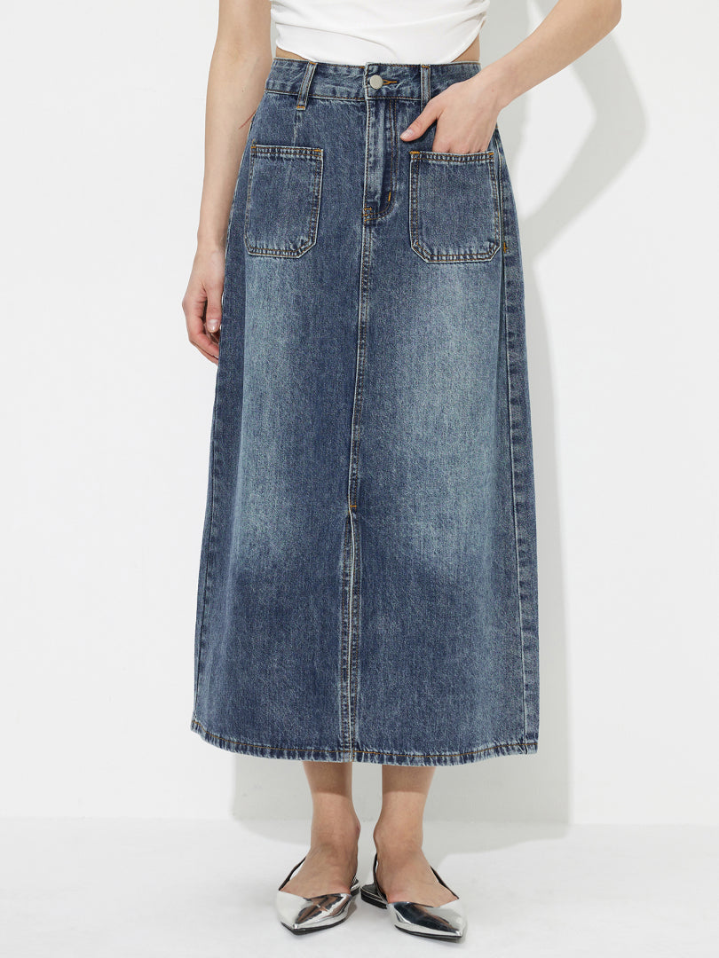 Slit Denim A-Line Skirt 1234472
