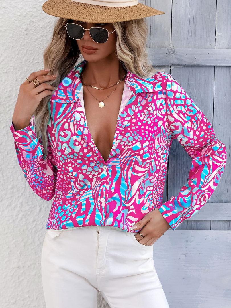 Color Block Half Placket Blouse 1300892