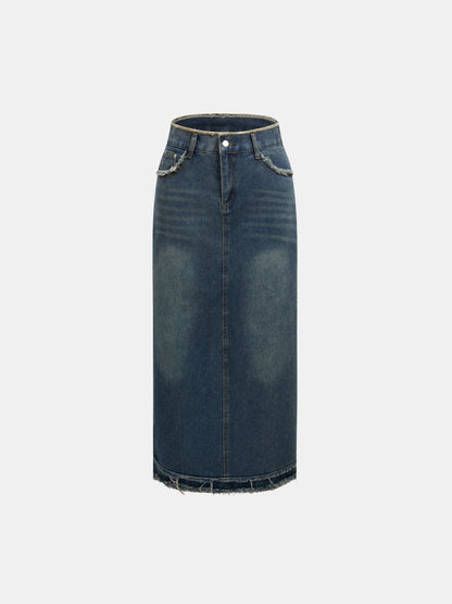 Raw Hem Denim Straight Skirt 1297612