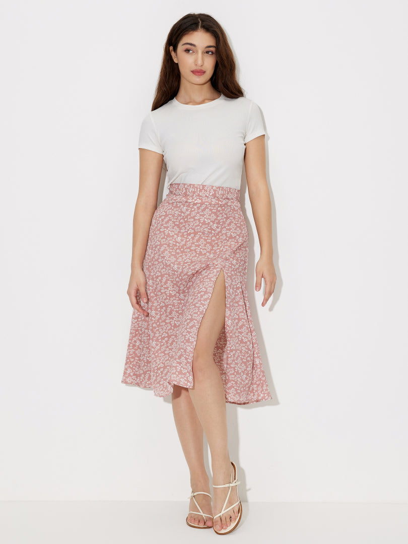 Printed Slit A-Line Midi Skirt 120680