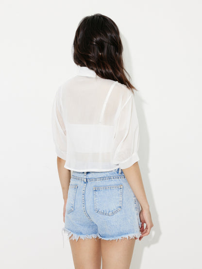 Sheer Tie-Up Hem Crop Shirt 1230391
