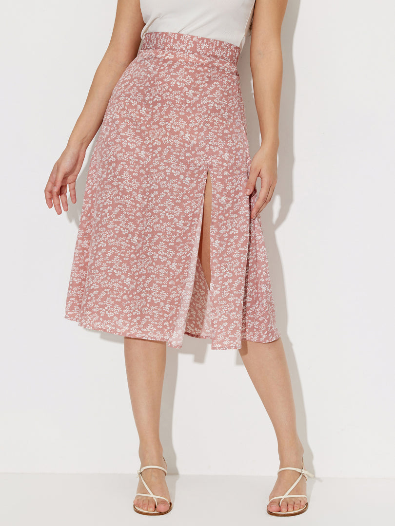 Printed Slit A-Line Midi Skirt 120680