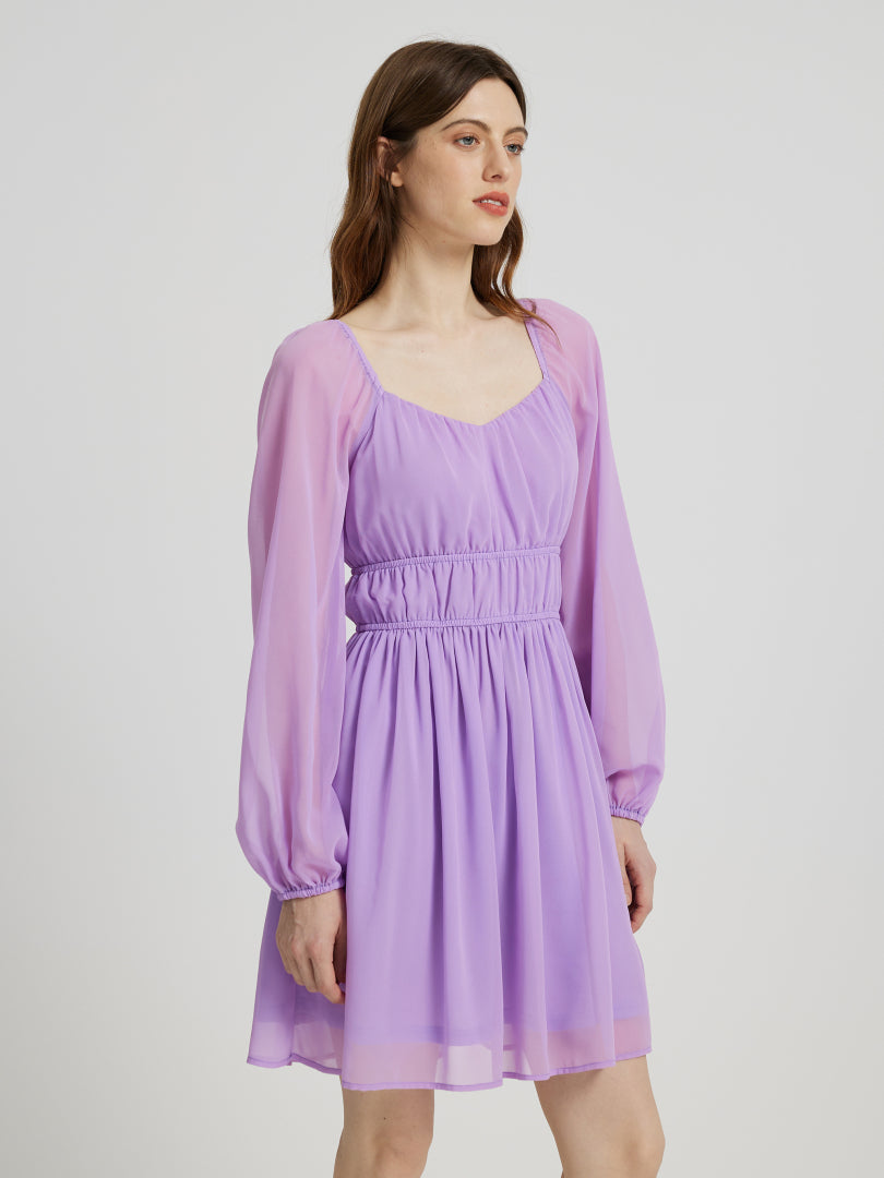 Short Gathered Chiffon Dress With Long Sleeves 108933