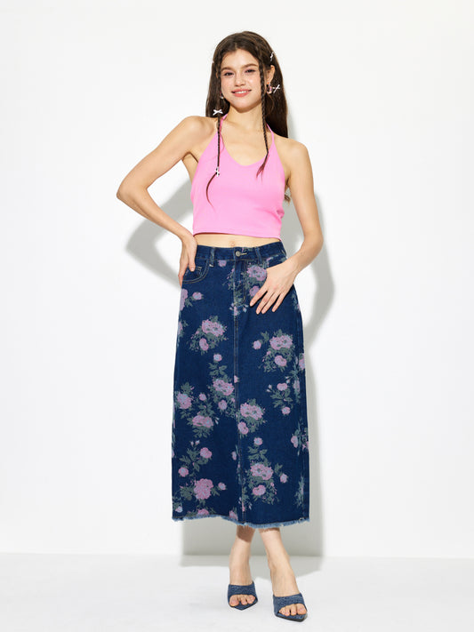 Raw Hem Denim A-Line Skirt 1269112