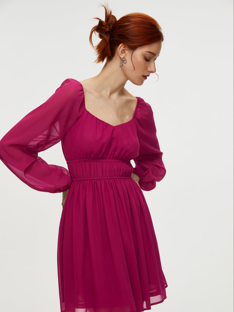 Short Gathered Chiffon Dress With Long Sleeves 108933