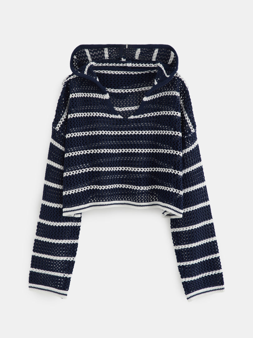 Open Knit Striped Hooded Sweater 121289