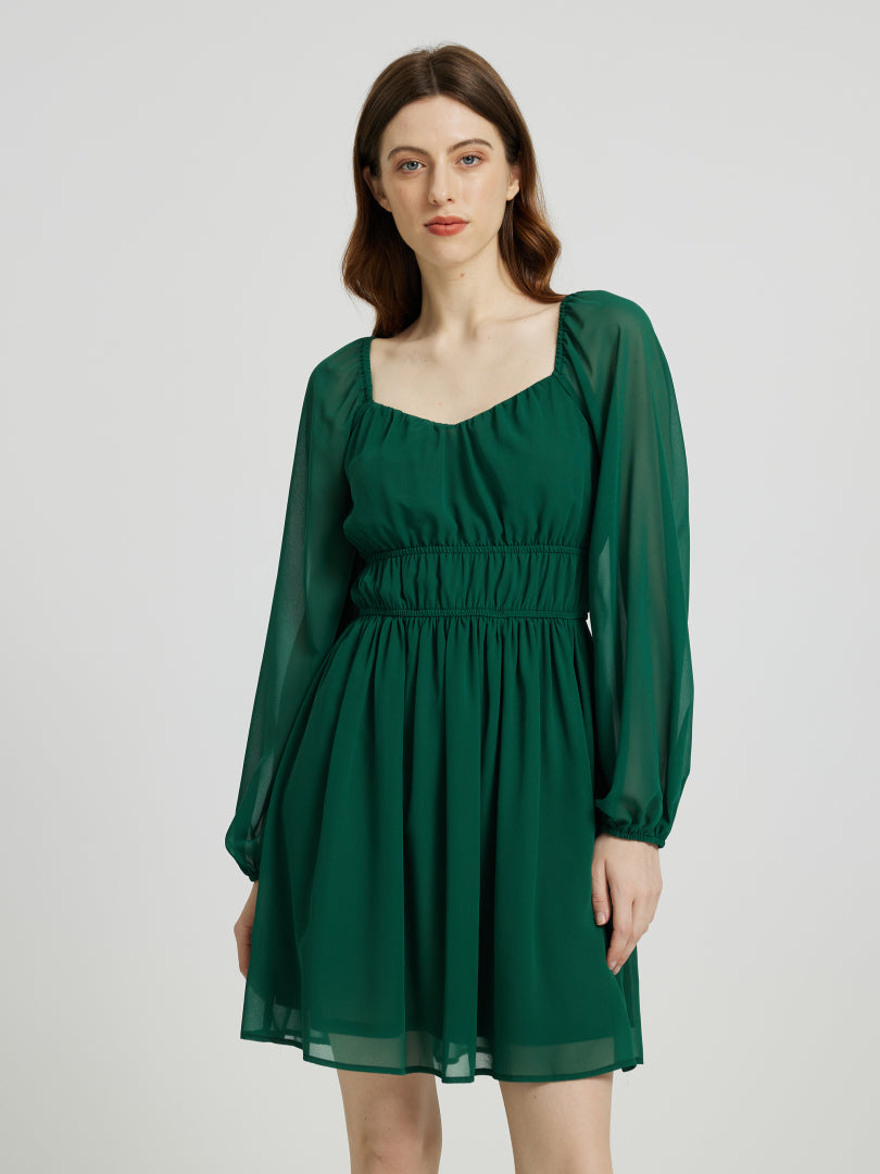 Short Gathered Chiffon Dress With Long Sleeves 108933