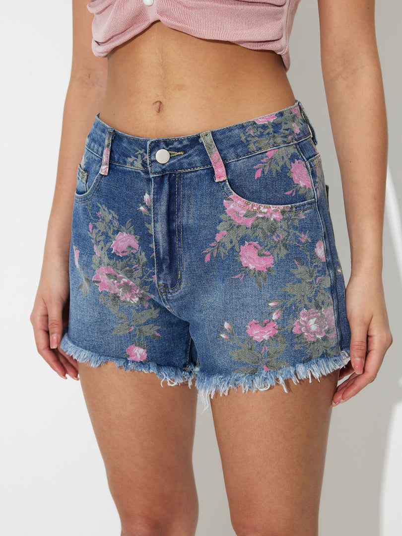 شورت جينز مطبوع بحاشية متوترة 121199