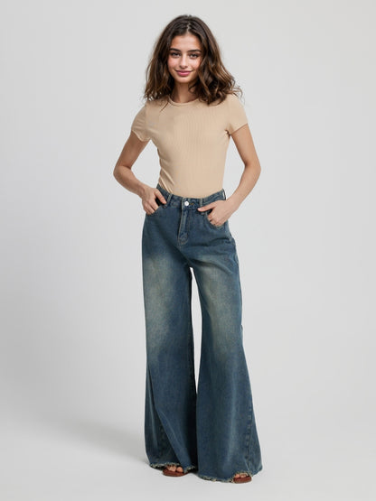 Raw Hem Wide Leg Jeans 111695