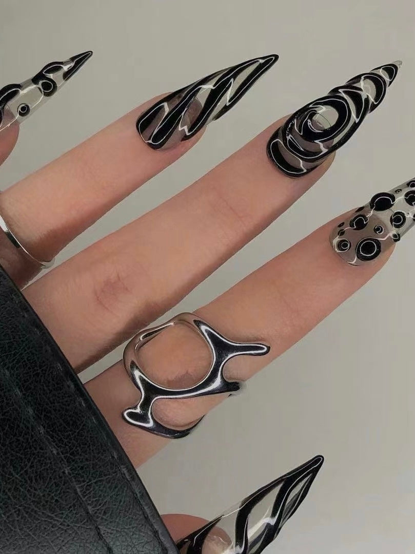 Black Wave Pattern Almond Press On Nails 1253812