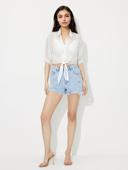 Sheer Tie-Up Hem Crop Shirt 1230391